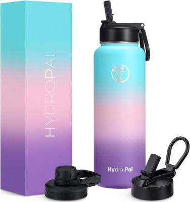 Термофляга HydroPal 1.2л (1200мл) з нержавіючої сталі, BPA-free, 24г холод/12г тепло, герметична, спортивна пляшка з соломинкою та 2 кришками для кемпінгу та подорожей (Блакитна)