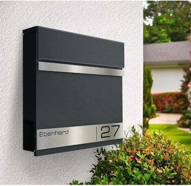 Поштова скринька Metzler Premium з газетницею Anthrazit (Антрацит) - персоналізована з табличкою для імені - високоякісна настінна поштова скринька з нержавіючої сталі V2A з порошковим покриттям RAL 7016, модель Stencil