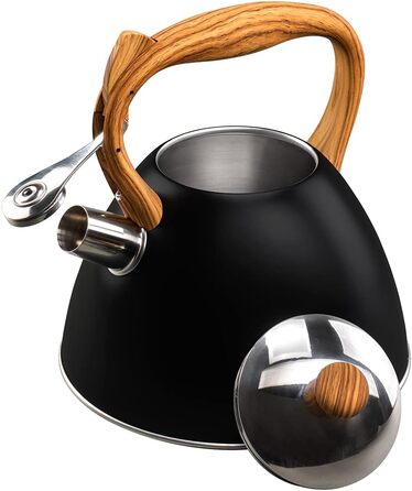 Чайник VILDE 3L з індукційною плитою, нержавіюча сталь, матовий чорний, з імітацією дерев'яної ручки. Підходить для сучасних та традиційних кухонь. Підходить для всіх типів плит, включаючи індукційні.
