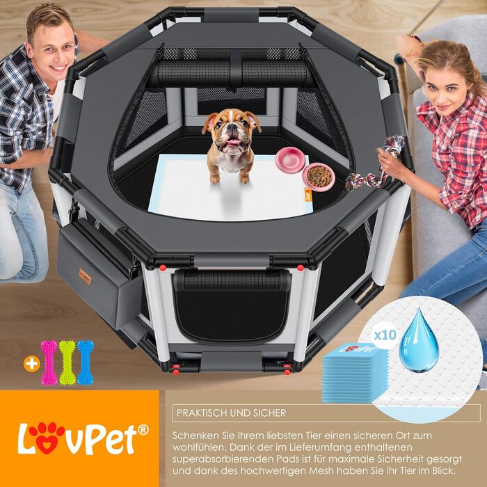LOVPET® Indoor/Outdoor Dog Playpen - Puppy Pen, Dog Cage with Oxford Fabric, Small Animal Enclosure, Cat Run - Includes Toys & Pads, 72x72x43cm, Anthracite Gray