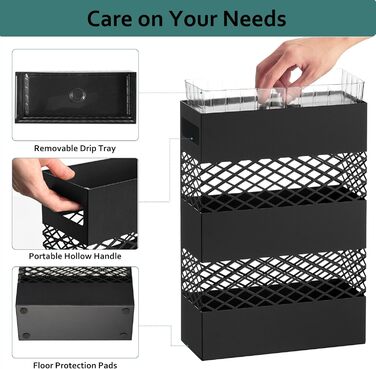LANDVOI Metal Umbrella Stand - Rectangular, Portable, with Removable Drip Tray - Black