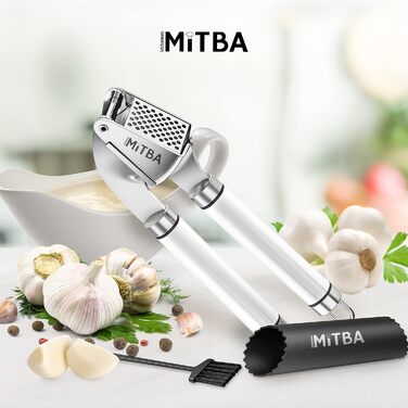 MiTBA Garlic Press Set with Non-Slip Grips - Includes Silicone Tube Peeler & Cleaning Brush