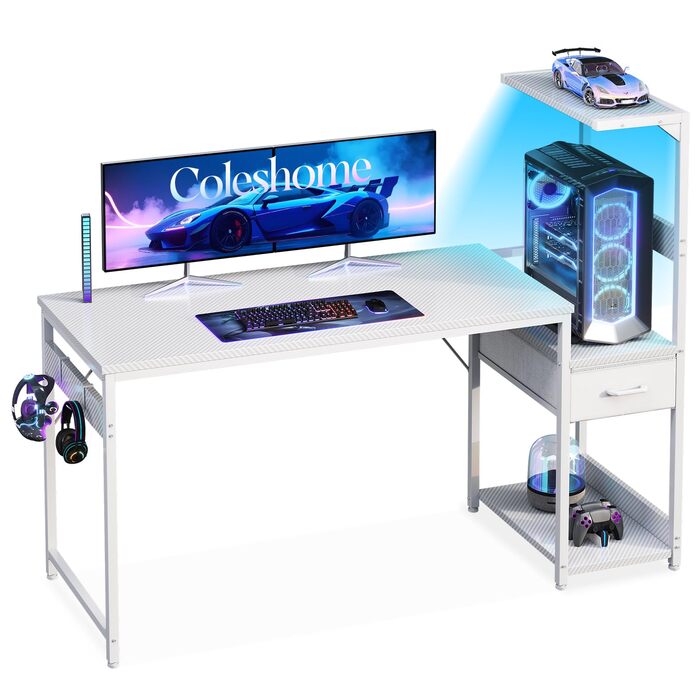 Ігровий стіл Coleshome з LED-підсвічуванням, стіл для комп'ютера з ящиками та полицею, обертовий стіл з тримачем для навушників (білий карбон, 138×48 см)
