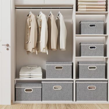 Yawinhe 3-Piece Storage Boxes with Lids, Foldable Fabric Storage Box with Handles, Storage Boxes, for Bedroom, Clothes Storage, 32x23x20cm, Grey, SNK023G-3