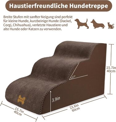 Non-slip Dog Stairs for Small Dogs 2-Step, Pet Stairs for Bed and Sofa made of High-Density Sponge, Dog Stairs Dog Ramp with Removable, Washable Cover and Non-Slip Bottom, 55x40x30cm (3 Steps Brown Dog Stairs)