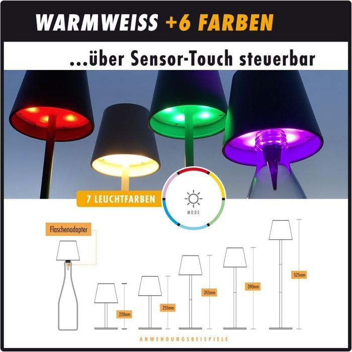 LED настільна лампа LUNA-80-W з акумулятором, диммування, сенсорне керування, 7 кольорів, регулювання висоти