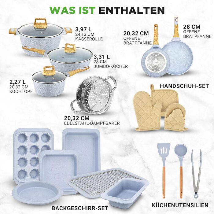 Набір посуду NutriChef 22 предмети антипригарний мармуровий блакитний – сковороди, каструлі, аксесуари для кухні, індукція, посудомийна машина