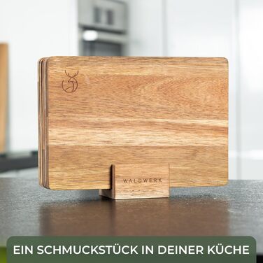 WALDWERK Breakfast Boards Set of 5 (23 x 16 x 1 cm) made of solid acacia wood - Wooden breakfast boards with stand - 5 wooden cutting boards - Boards perfect for breakfast