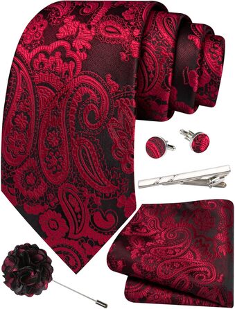 Набір краваток для чоловіків: краватка, нагрудна хустинка, краваття, затискачі для краваток, застібка для краватки, 5 шт. чорний/червоний, для весілля, формальний стиль