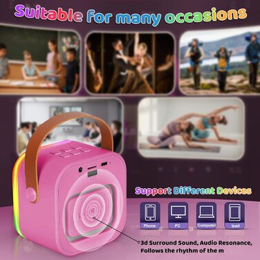Караоке машина Spinosaurus для дітей з 2 мікрофонами, Bluetooth, LED-підсвічування, портативна колонка (рожева)