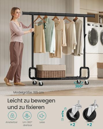 SONGMICS Стійка для одягу на коліщатках, важка, з висувними штангами, регульована висота, з полицею та гачками (HSR015B01, Чорний)