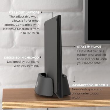 HumanCentric Adjustable Laptop Stand & Dock - Leather & Aluminum Black - Vertical Stand for MacBook Pro & Laptops (0.5' - 1.5')