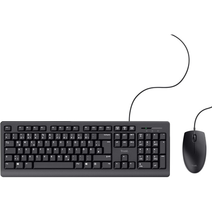 Набір клавіатури та миші Trust Ymo II з QWERTZ-розкладкою, плоскі клавіші, захист від бризок, бездротова миша, USB-приймач, для ПК, комп'ютера, ноутбука, Mac (провідний)