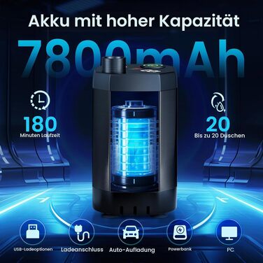 Портативний душ для кемпінгу Solardusche, акумуляторний (7800 мАг) з помпою, фільтруючою лійкою та шлангом 2м для подорожей, авто, саду та тварин