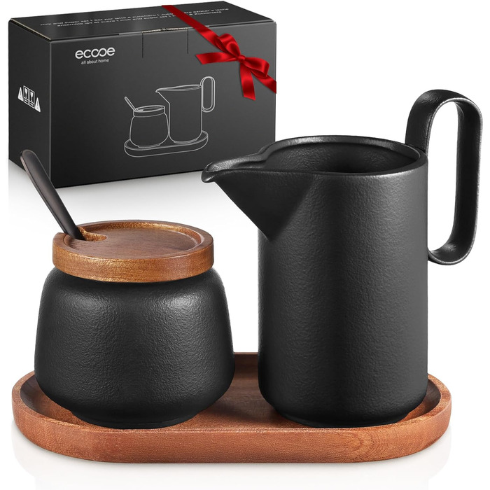 Набір для молока та цукру Ecooe: молочник і цукорниця з кришкою та металевою ложкою, кераміка, чорний колір