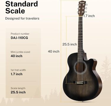 Акустична гітара Donner для дорослих та початківців, 4/4, Mini Jumbo, Cutaway, з підсилювачем, 6 сталевих струн, чорна
