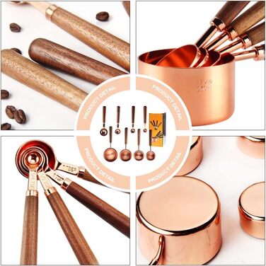 RiJpex Measuring Spoon, Pourer, Measuring Cup, 1 Set/4 Pieces, Gold-Colored Kitchen Utensil, Coffee Scoops, Utensils, Dessert Scoop, Ingredient Scale, Walnut Unit Scoop