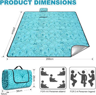 Пікнікова ковдра SOMLAW 200x200 см, водовідштовхувальна, для 4-6 осіб, XXL, з ручкою, ідеальна для кемпінгу та пікніків (блакитна)