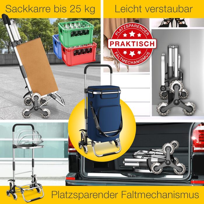 Stair Climber Shopping Trolley with Cooler Compartment, Folding Shopping Cart, Height-Adjustable Shopping Trolley, Reflectors, Removable 43 L Bag, Hackenporsche (Stair Climber Trolley, Navy)