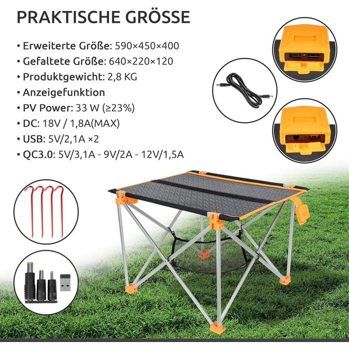 Сонячний складаний стіл з сонячною панеллю 33W та USB-зарядом для телефону | Легкий туристичний стіл для кемпінгу та відпочинку на природі