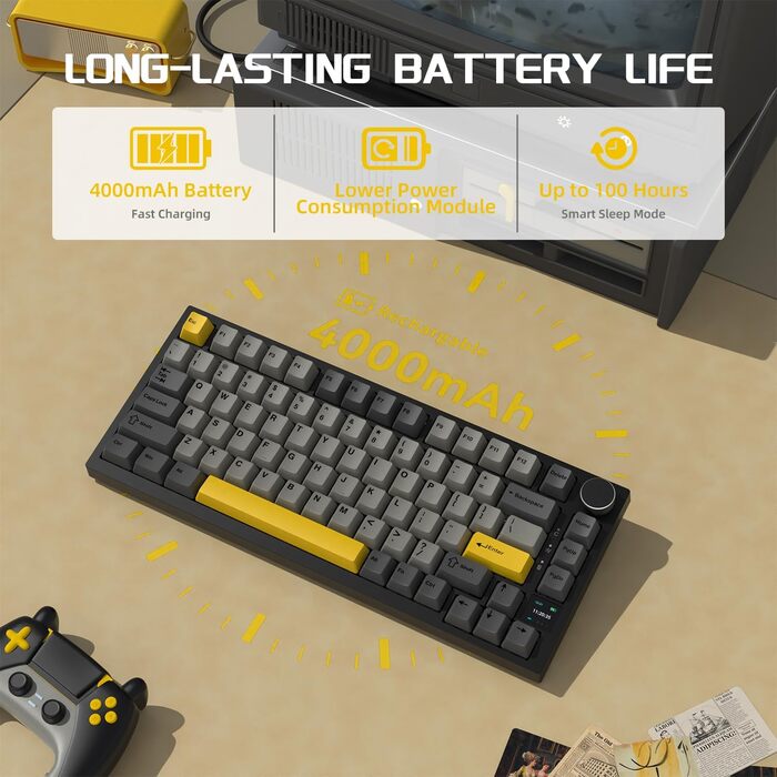 Механічна клавіатура YINDIAO AK820 PRO з TFT дисплеєм та кнопкою, 2.4G Wireless/BT5.1/USB-C, 75% ANSI, Hot-Swap, лінійний перемикач, RGB-підсвітка, для PC/MAC (Сірий)