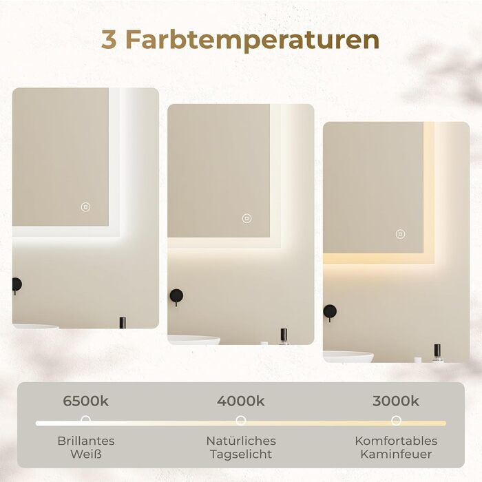 Дзеркало для ванної кімнати з підсвічуванням LED 80x60 см, регульоване, 3 кольори світла (3000K/4000K/6500K), антизапарник, вертикальна/горизонтальна установка, без збільшення 3x