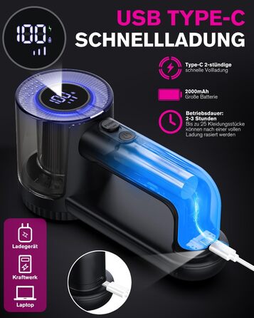 Електрична машинка для видалення кошлатання Homtronics, USB-зарядка, 3 режими, LED-дисплей, 6-лезовий ніж, для одягу, дивану, килимів, чорна