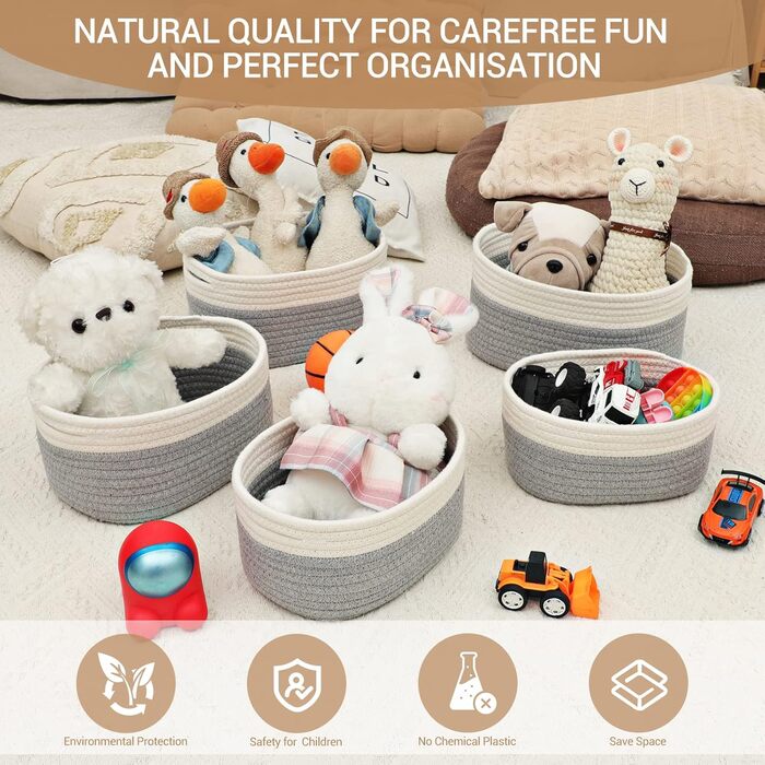 Lannvan Storage Basket 5-Piece Set made of Cotton, Woven Baskets, Storage Baskets, Storage Basket, Woven Basket for Bathroom, Bathroom, Children's Room, Changing Table, White and Grey