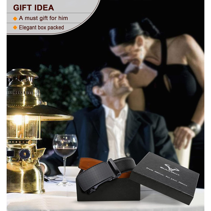 Чоловічий шкіряний ремінь BULLIANT з автоматичною застібкою-ратом, ширина 35 мм, регульований розмір, чорний, 130 см (38-44)