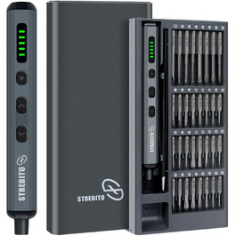 Міні-шуруповерт STREBITO 70-в-1: комплект з 64 бітами, 5 режимів крутного моменту, LED-підсвічуванням, сірий