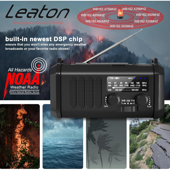 Радіостанція Leaton з ручним заводом, NOAA, AM/FM, 20000 mAh | Сонячна Power Bank, USB-C, ліхтарик, SOS-сигнал для кемпінгу та надзвичайних ситуацій (Чорний)