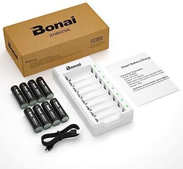 Зарядний пристрій BONAI для акумуляторів AA/AAA NI-MH з LED-дисплеєм та USB-зарядкою, 8 слотів