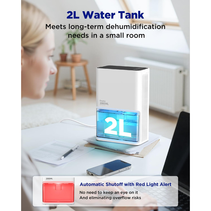EasyAcc Електричний осушувач повітря 2000мл, продуктивність 500-650мл/день, 3 режими, автоматичне відтанення, LED-підсвітка 7 кольорів, автовимкнення, для приміщень до 20 м²