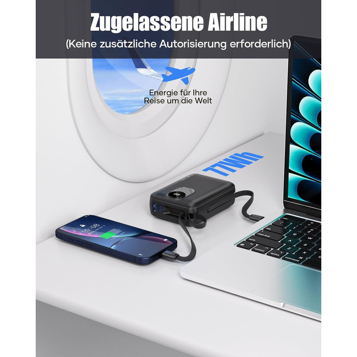 Power Bank 20000mAh з інтегрованим кабелем: швидка зарядка 22.5W, USB C (вхід та вихід), акумулятор для телефону, повербанк з 4 виходами та 2 входами, білий/чорний