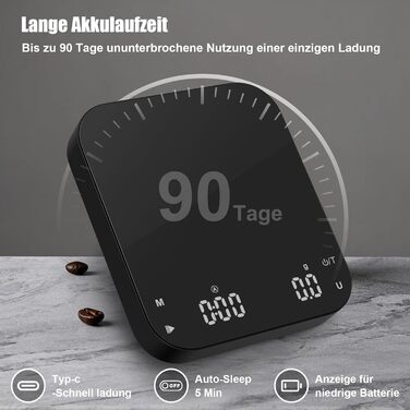 Ваги для кави Diyife з таймером, 3 кг/0,1 г, перезаряджувані, з HD LCD дисплеєм, функцією тарування, портативні, високоточні ваги для еспресо та френч-пресу, чорний M