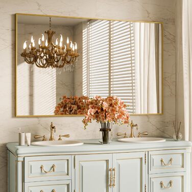 Дзеркало настінне прямокутне BEAUTYPEAK 81x61 см з металевим каркасом, безпечне для ванної кімнати, спальні, вітальні (Золотий)