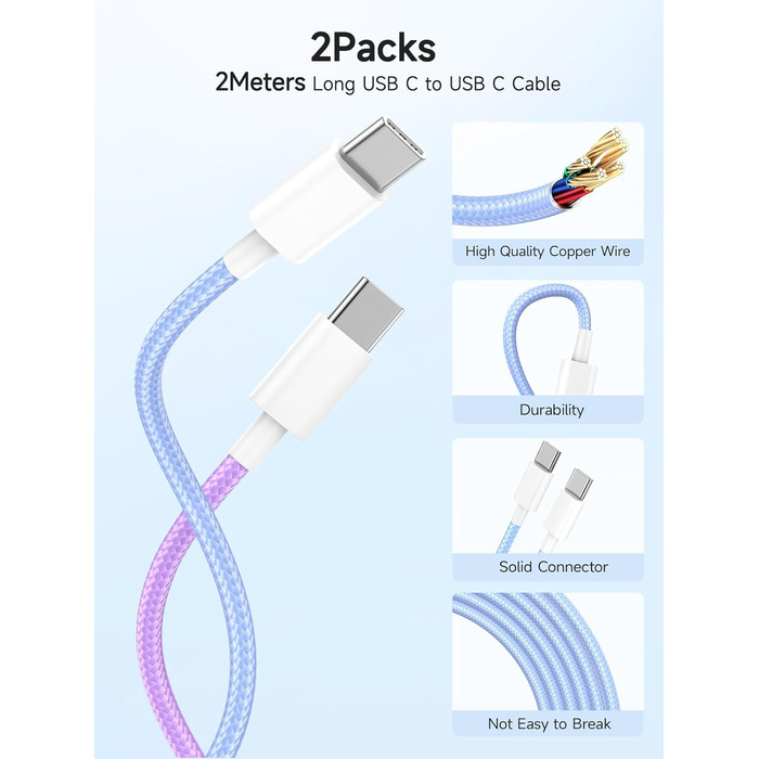 Зарядний пристрій 20W USB-C для iPhone 17/16/15, 2 шт. + Кабель USB-C 2м, PD3.0, блакитний+ліловий
