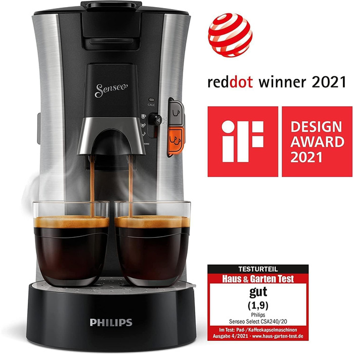 PHILIPS Senseo Select Coffee Pad Machine – Coffee Strength Choice Plus, Memo Function, Crema Plus Technology, 0.9L Water Tank, Two-Cup Function, Adjustable Outlet, Environmentally Friendly (CSA250/10) Brushed Steel