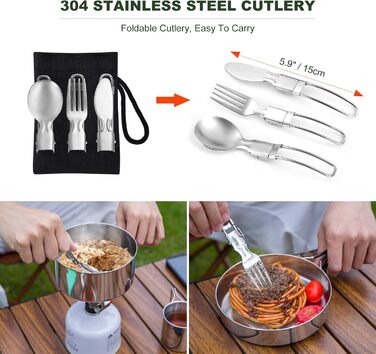 Набір кухонного посуду для кемпінгу Odoland 7 предметів: каструля, сковорода, тарілки, миски, столові прибори з нержавіючої сталі