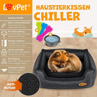 Lovpet® Dog Bed Dog Cushion Dog Basket Chiller, Incl. Bowl + 3X Chew Bones, Dog Sofa Cushion for Small, Medium & Large Dogs, Removable and Washable Cover, L 90 x 75 x 25 cm (L (90 x 75 x 25 cm), Anthracite)