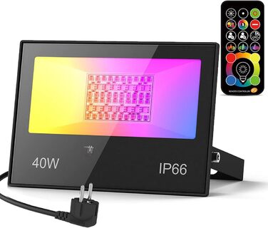 RGB LED Floodlight Outdoor 40W Spotlight with Remote Control, 120 Colors, 5 Modes Color Changing Floodlight LED Indoor, 4000LM Cold White IP66 Waterproof Outdoor Spotlight for Garden, Backyard, Garage, Hallway - 2/Set (1 Pack)