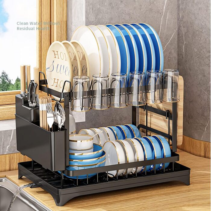 Сушарка для посуду Moufier з 2 ярусами, з піддоном та тримачем для кухонного приладдя, нержавіюча сталь