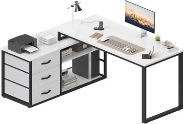 TRIUMPHKEY L-Shaped Desk with 3 Drawers & Storage - Reversible Corner Desk with USB Charging Ports & Outlets - White & Grey (140 x 105 x 75 cm)