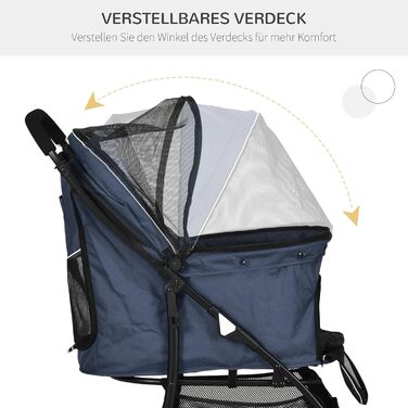 PawHut Візок для собак та котів, складаний, з подушкою, 4 колеса, сітчасте вікно, простір для зберігання, 600D Oxford, темно-синій