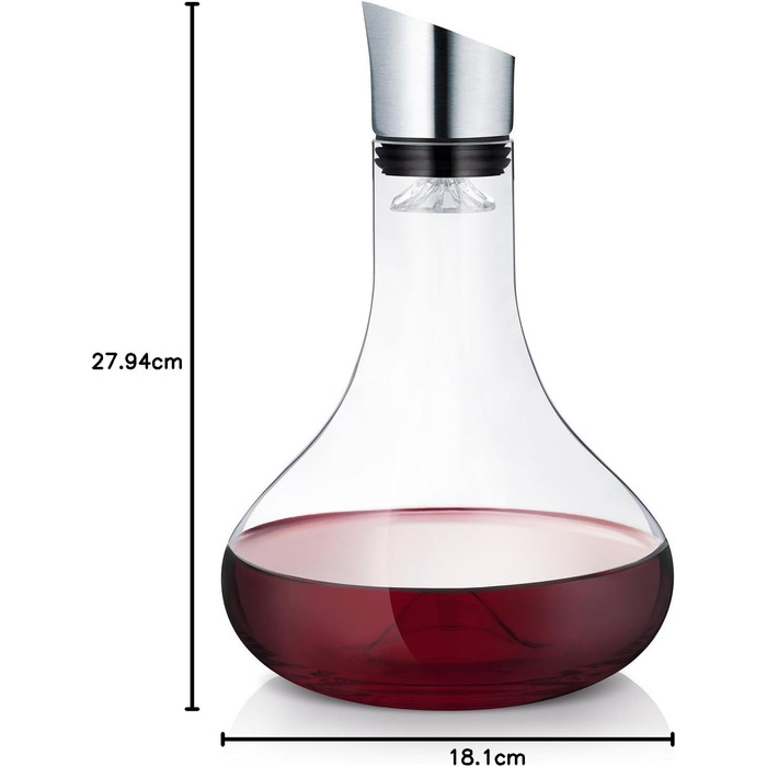 blomus -ALPHA- Glass Decanter, Comfortable & Drip-Free Pouring of Wine, Filter & Aeration, One-Hand Operation, Dishwasher Safe (H/W/D: 26.5 x 18 x 18 cm, Glass / Stainless Steel, 63570)