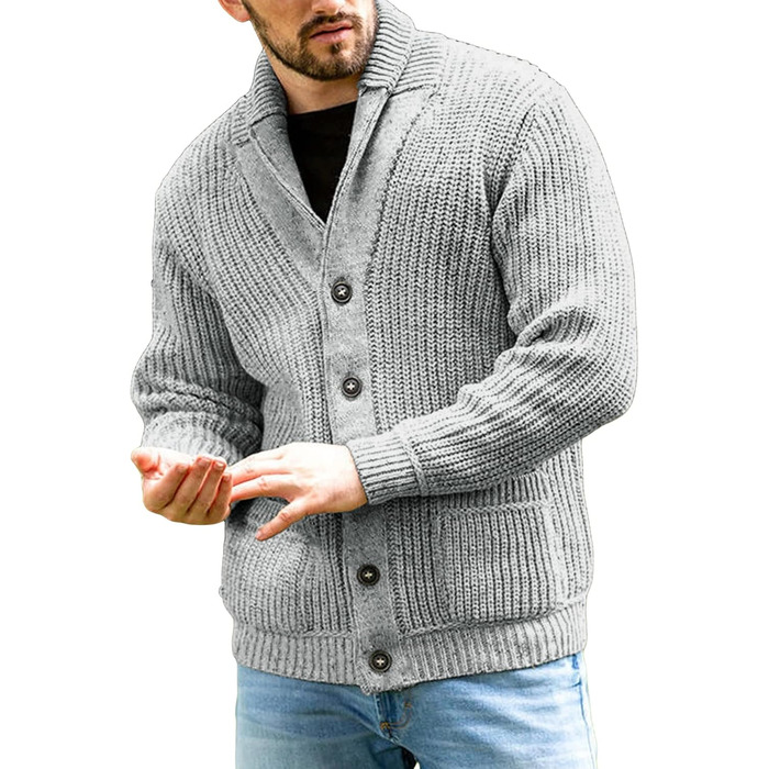 Чоловічий кардиган Runcati з грубого в'язання, з коміром-стійкою, з довгими рукавами, на ґудзиках, сірий, XL