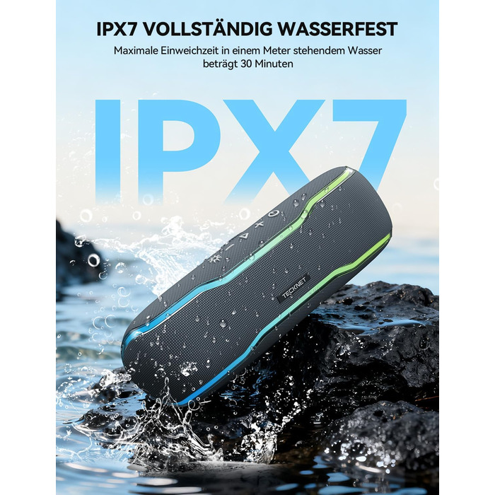 TECKNET Bluetooth колонка з підсвіткою, IPX7, 30W, чорна - портативна бездротова колонка Bluetooth 5.3 для вечірок, подорожей