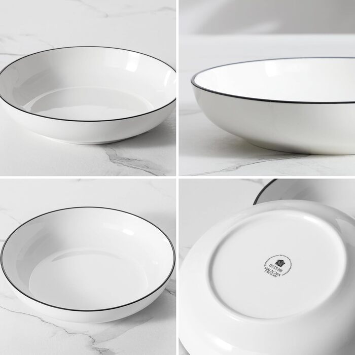 MALACASA Набір посуду 6 шт. з порцеляни: тарілки для пасти, супу, салату, сервірування. Білий з чорним обідком, 1250 мл