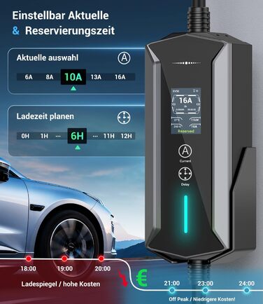 Портативний зарядний пристрій для електромобілів 11 кВт з LCD-дисплеєм, IP65, Schuko, 16A, для EV та PHEV