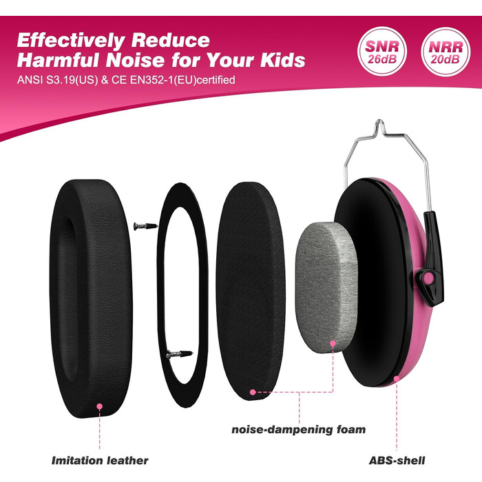 Навушники для захисту від шуму для дітей - комфортні, складні, для школи, аутизму, сну, навчання, ADHD, феєрверків, концертів (1 шт., темно-рожевий)